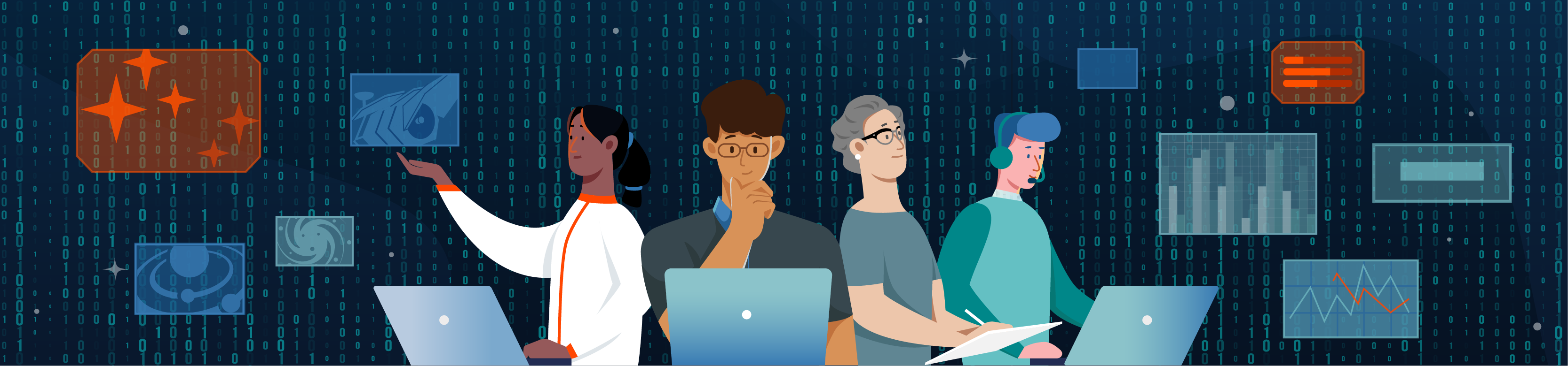 The banner image is animated in a playful retro style. Four people are centered over a dark background covered in zeros and ones reminescent of code. They have a range of skin tones, hair colors, ages, and genders. They are all using laptops with the exception of one older woman, matching the appearance of Nancy Grace Roman, who holds paper and pen. Floating around the figures are various rectangles containing various plots and images of stars and galaxies. One rectangle containing an animated representation of the Roman Space Telescope itself is being gestured at by the left most person.