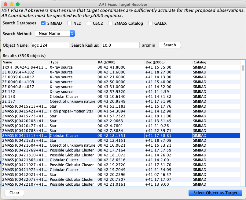 The image is a screen capture of the APT Fixed Target Resolver GUI which shows a long list of search results with the correct result highlighted in blue.